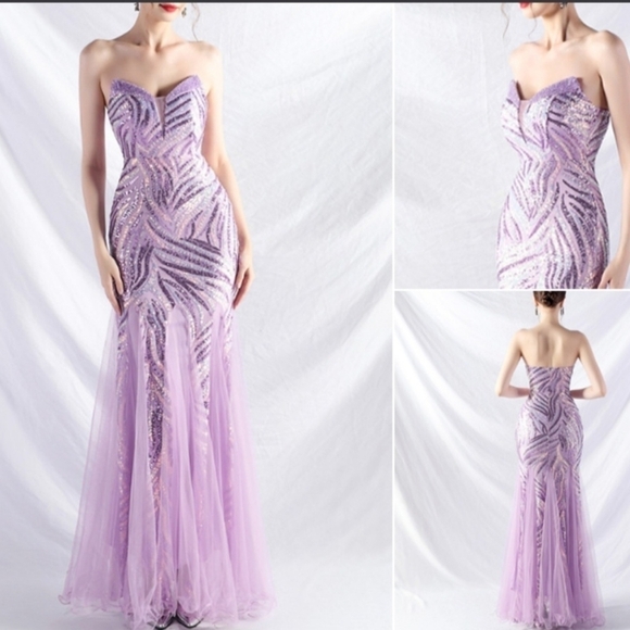 Purple, Striped Print, Sleeveless, Backless, Contrast Sequined Merma… - Picture 4 of 15